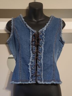 Rare Vintage SEXSO JEANS Blue Denim Corset Lace-up Crop Vest Sz LG ❗️Fits SM/Med
